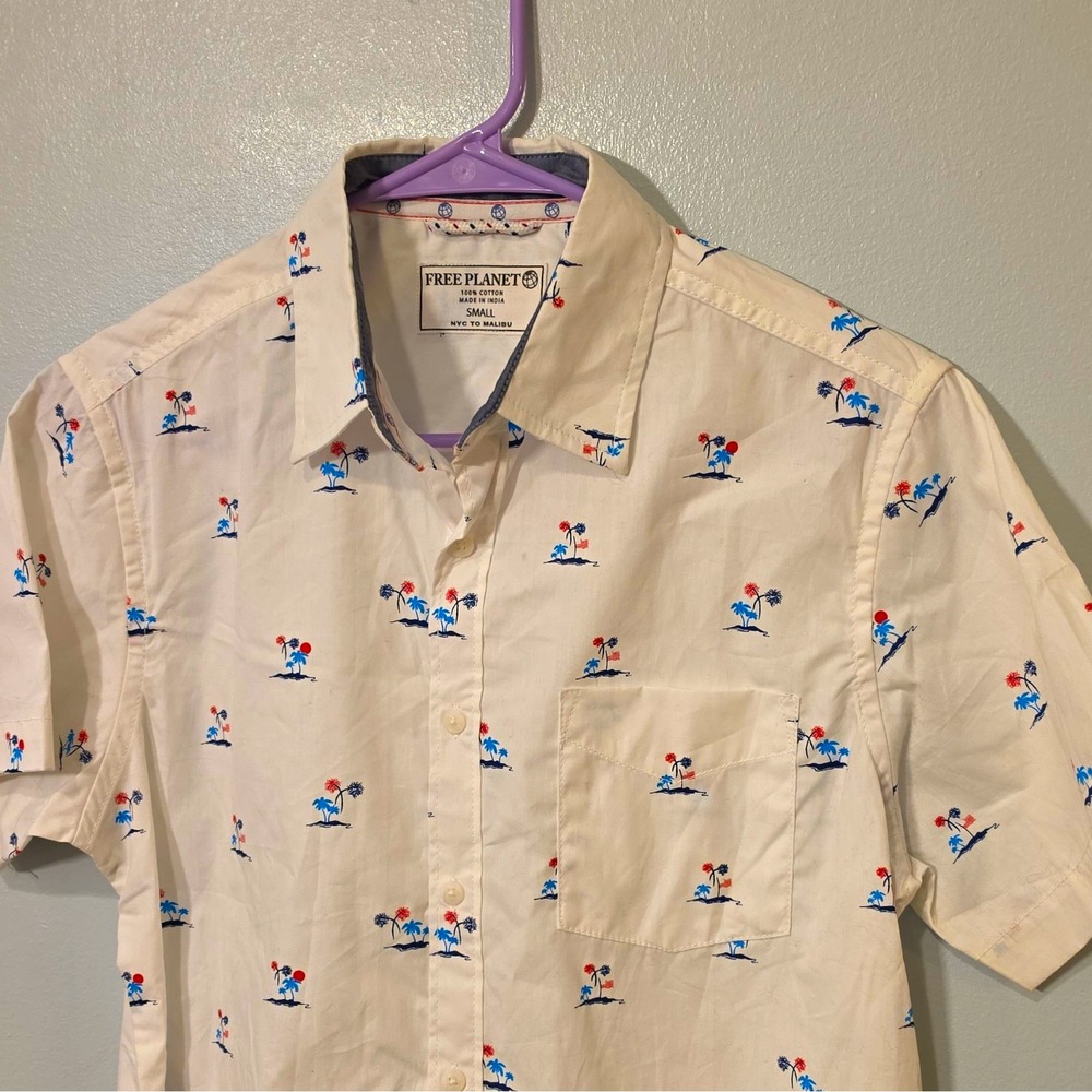 Free Planet Men's Woven Cotton SS Button-Up Tropical Graphic Pockets S #264